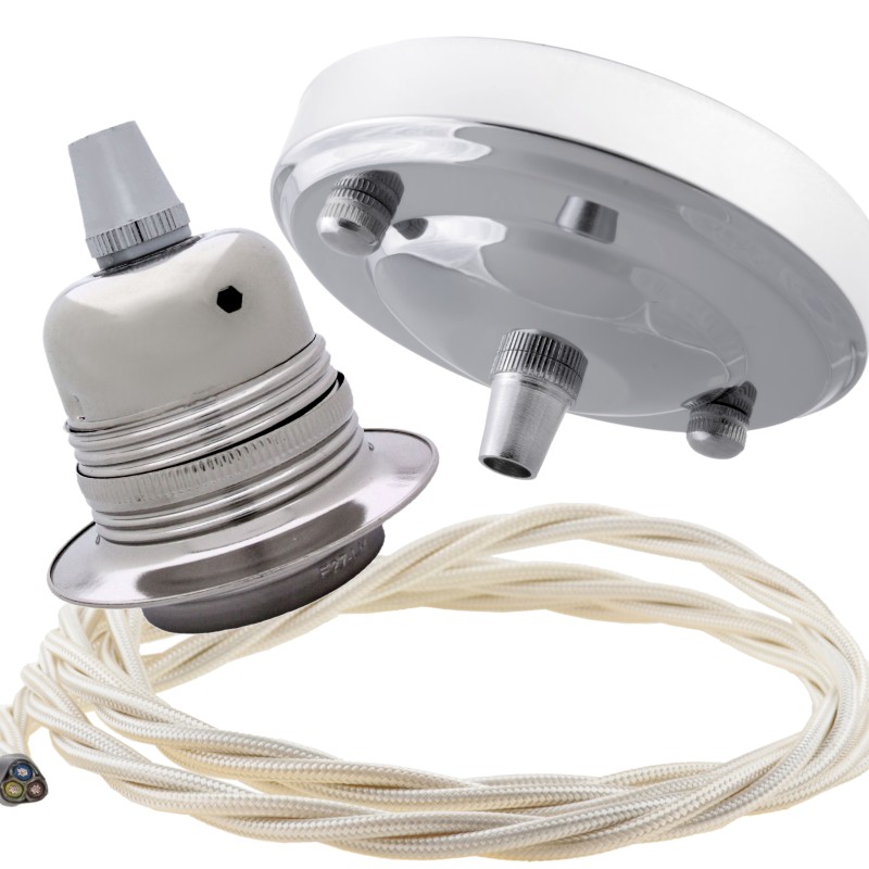 Ceiling Pendant Kit with Large Silver Rose and E27 Lampholder in Silver Nickel Finish with Classic Ivory Flex Ceiling Pendant Kit with Large Silver Rose and E27 Lampholder in Silver Nickel Finish with Classic Ivory Flex