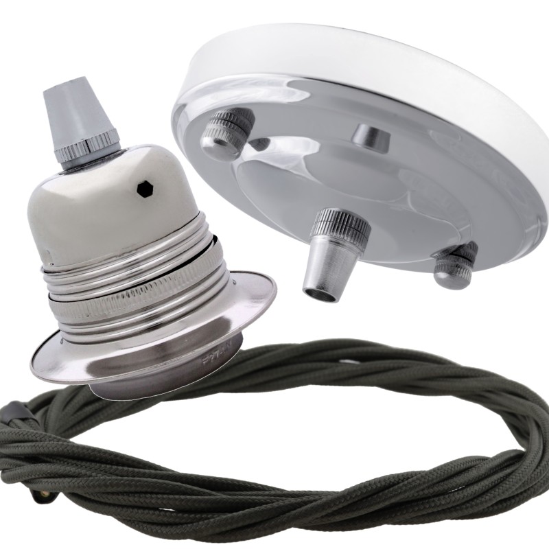Ceiling Pendant Kit with Large Silver Rose and E27 Lampholder in Silver Nickel Finish with Khaki Green Flex Ceiling Pendant Kit with Large Silver Rose and E27 Lampholder in Silver Nickel Finish with Khaki Green Flex