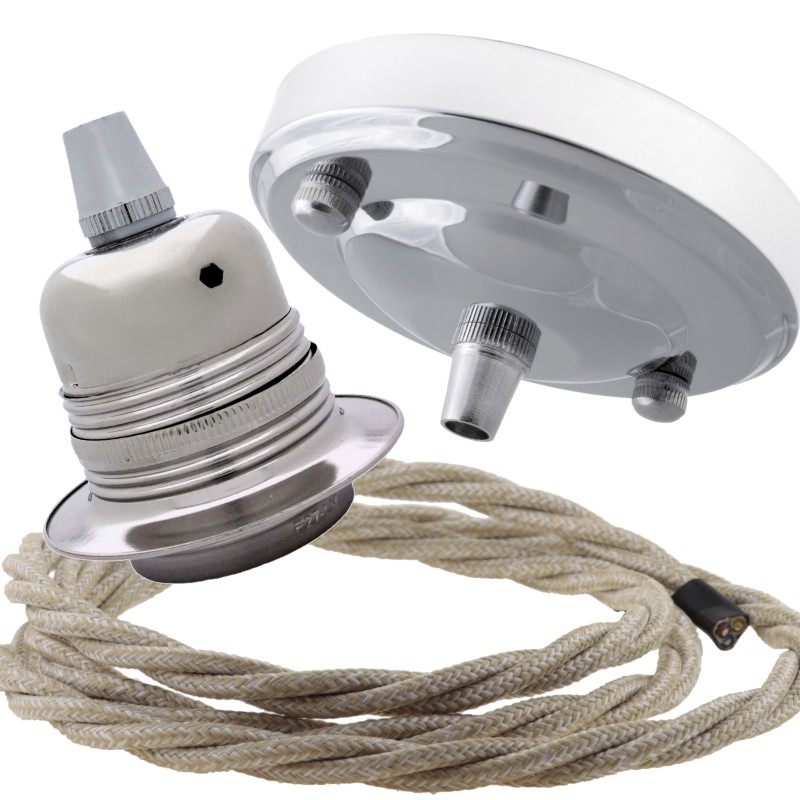 Ceiling Pendant Kit with Large Silver Rose and E27 Lampholder in Silver Nickel Finish with Linen Effect Flex Ceiling Pendant Kit with Large Silver Rose and E27 Lampholder in Silver Nickel Finish with Linen Effect Flex
