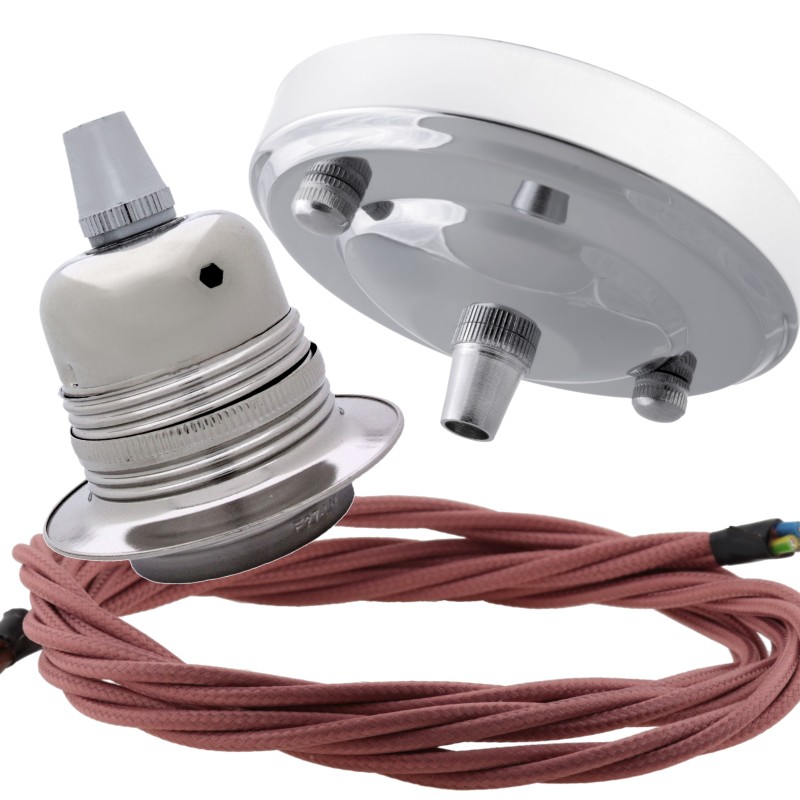 Ceiling Pendant Kit with Large Silver Rose and E27 Lampholder in Silver Nickel Finish with Dusky Pink Flex Ceiling Pendant Kit with Large Silver Rose and E27 Lampholder in Silver Nickel Finish with Dusky Pink Flex
