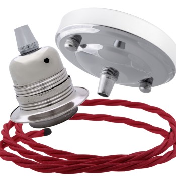Ceiling Pendant Kit with Large Silver Rose and E27 Lampholder in Silver Nickel Finish with Bright Red Flex