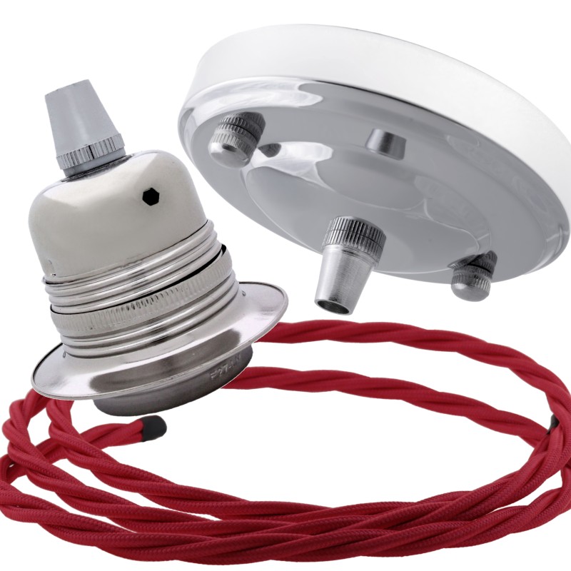 Ceiling Pendant Kit with Large Silver Rose and E27 Lampholder in Silver Nickel Finish with Bright Red Flex Ceiling Pendant Kit with Large Silver Rose and E27 Lampholder in Silver Nickel Finish with Bright Red Flex