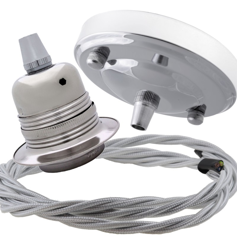 Ceiling Pendant Kit with Large Silver Rose and E27 Lampholder in Silver Nickel Finish with Silver Grey Flex Ceiling Pendant Kit with Large Silver Rose and E27 Lampholder in Silver Nickel Finish with Silver Grey Flex