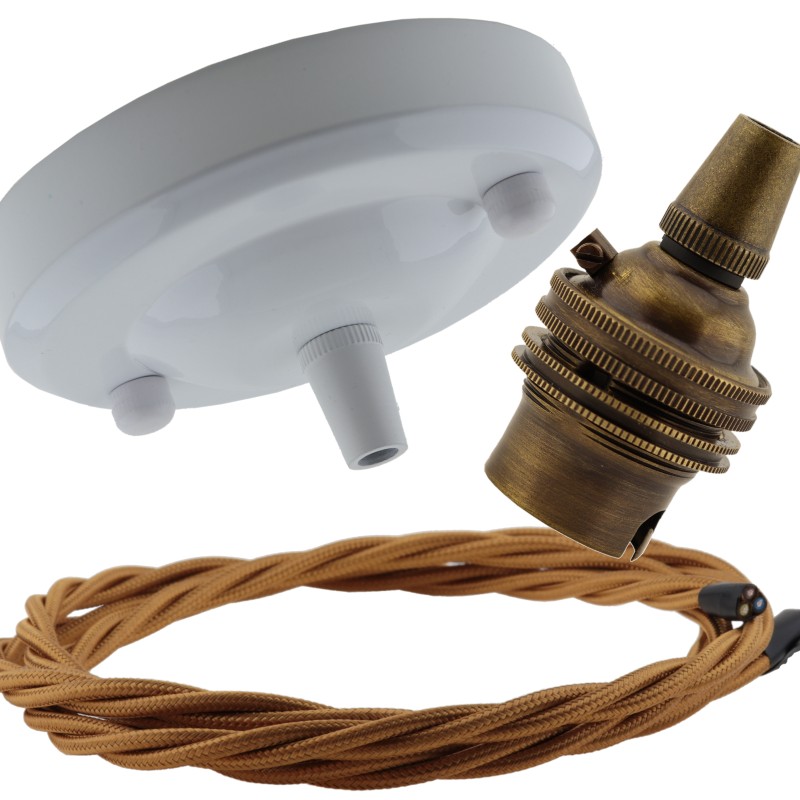 Ceiling Pendant Kit with Large Gloss White Rose and B22 Lampholder in Antique Brass Finish with Antique Gold Flex Ceiling Pendant Kit with Large Gloss White Rose and B22 Lampholder in Antique Brass Finish with Antique Gold Flex