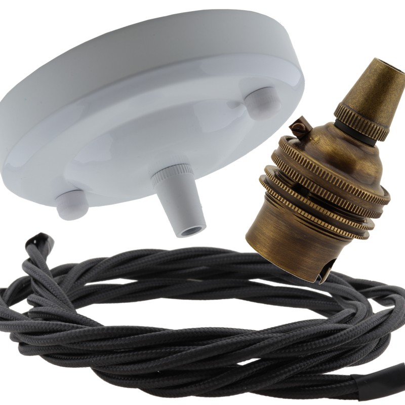 Ceiling Pendant Kit with Large Gloss White Rose and B22 Lampholder in Antique Brass Finish with Black Flex Ceiling Pendant Kit with Large Gloss White Rose and B22 Lampholder in Antique Brass Finish with Black Flex