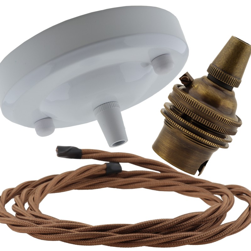Ceiling Pendant Kit with Large Gloss White Rose and B22 Lampholder in Antique Brass Finish with Bronze Flex Ceiling Pendant Kit with Large Gloss White Rose and B22 Lampholder in Antique Brass Finish with Bronze Flex