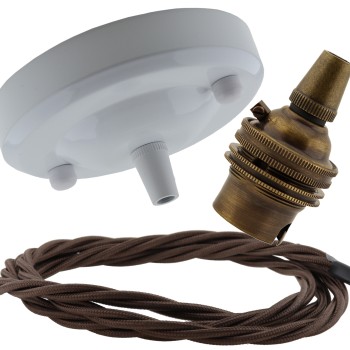 Ceiling Pendant Kit with Large Gloss White Rose and B22 Lampholder in Antique Brass Finish with Mocha Brown Flex