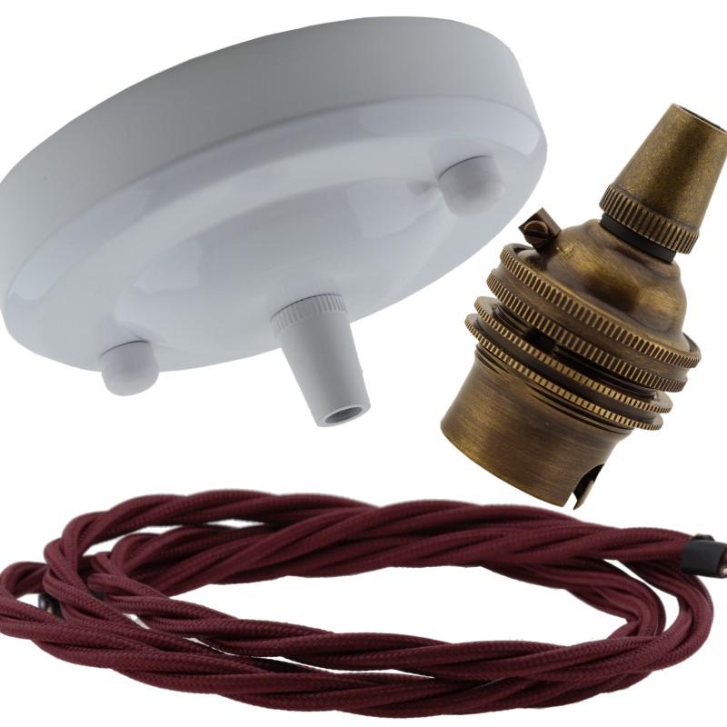 Ceiling Pendant Kit with Large Gloss White Rose and B22 Lampholder in Antique Brass Finish with Rich Burgundy Flex Ceiling Pendant Kit with Large Gloss White Rose and B22 Lampholder in Antique Brass Finish with Rich Burgundy Flex