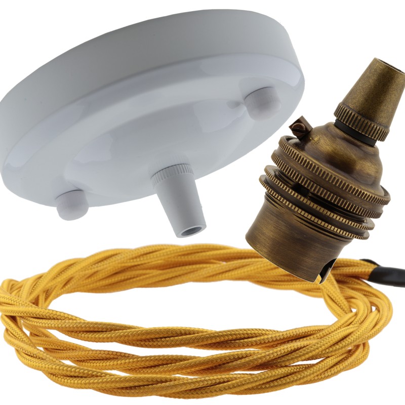 Ceiling Pendant Kit with Large Gloss White Rose and B22 Lampholder in Antique Brass Finish with Gold Flex Ceiling Pendant Kit with Large Gloss White Rose and B22 Lampholder in Antique Brass Finish with Gold Flex