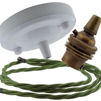 Ceiling Pendant Kit with Large Gloss White Rose and B22 Lampholder in Antique Brass Finish with Green Flex