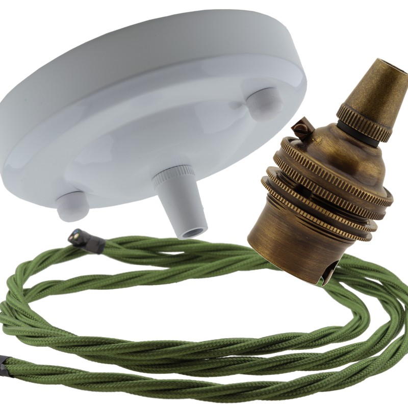 Ceiling Pendant Kit with Large Gloss White Rose and B22 Lampholder in Antique Brass Finish with Green Flex Ceiling Pendant Kit with Large Gloss White Rose and B22 Lampholder in Antique Brass Finish with Green Flex