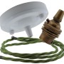 Ceiling Pendant Kit with Large Gloss White Rose and B22 Lampholder in Antique Brass Finish with Green Flex