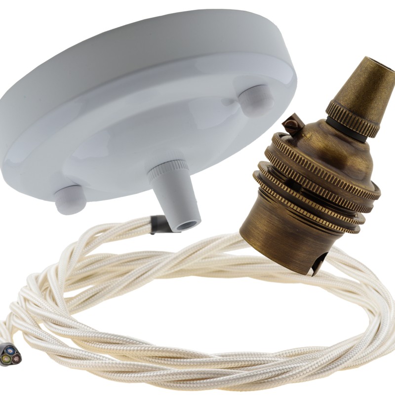 Ceiling Pendant Kit with Large Gloss White Rose and B22 Lampholder in Antique Brass Finish with Classic Ivory Flex Ceiling Pendant Kit with Large Gloss White Rose and B22 Lampholder in Antique Brass Finish with Classic Ivory Flex