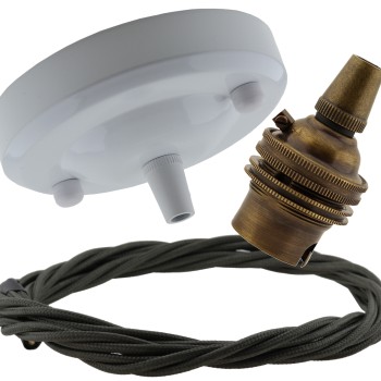 Ceiling Pendant Kit with Large Gloss White Rose and B22 Lampholder in Antique Brass Finish with Khaki Green Flex