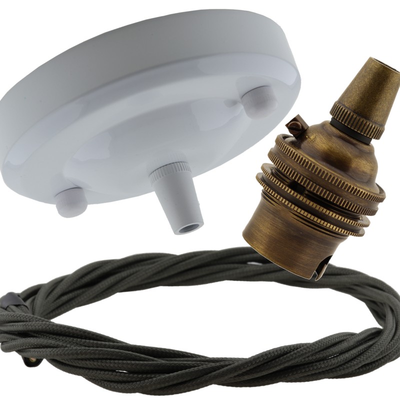 Ceiling Pendant Kit with Large Gloss White Rose and B22 Lampholder in Antique Brass Finish with Khaki Green Flex Ceiling Pendant Kit with Large Gloss White Rose and B22 Lampholder in Antique Brass Finish with Khaki Green Flex