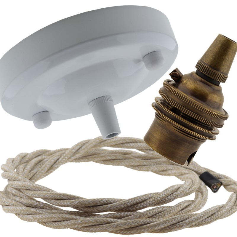 Ceiling Pendant Kit with Large Gloss White Rose and B22 Lampholder in Antique Brass Finish with Linen Effect Flex Ceiling Pendant Kit with Large Gloss White Rose and B22 Lampholder in Antique Brass Finish with Linen Effect Flex