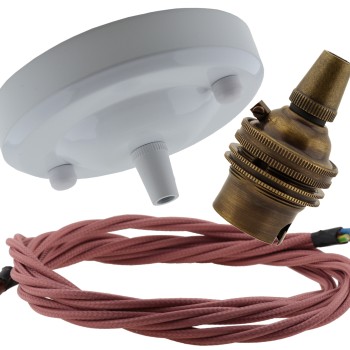 Ceiling Pendant Kit with Large Gloss White Rose and B22 Lampholder in Antique Brass Finish with Dusky Pink Flex