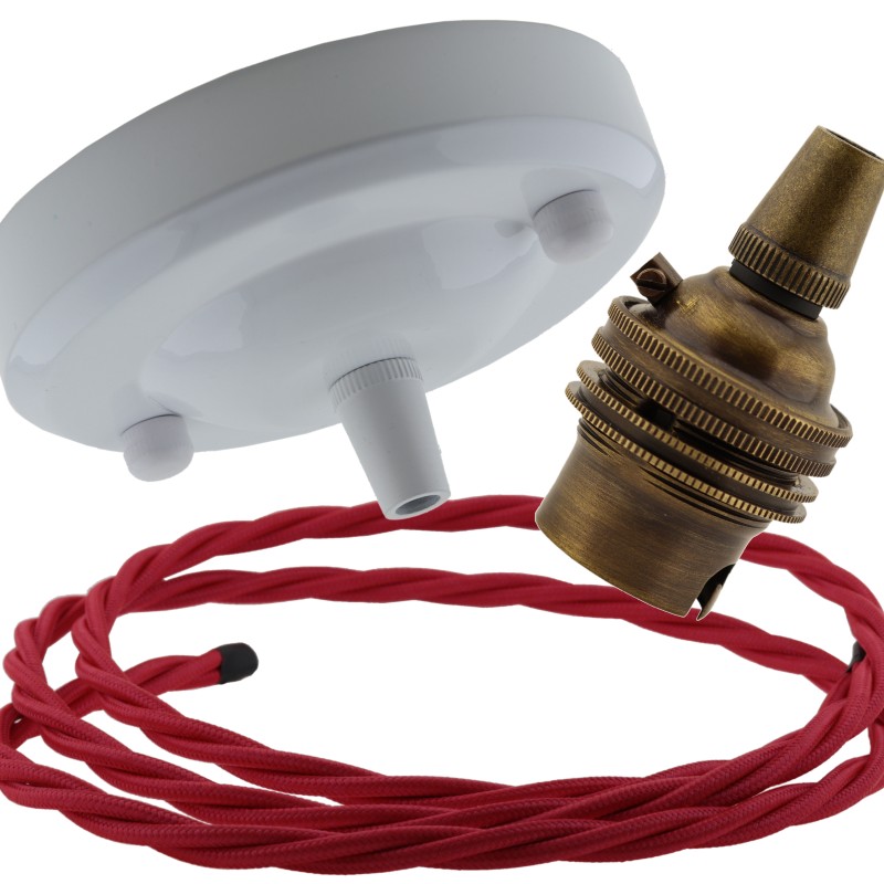 Ceiling Pendant Kit with Large Gloss White Rose and B22 Lampholder in Antique Brass Finish with Bright Red Flex Ceiling Pendant Kit with Large Gloss White Rose and B22 Lampholder in Antique Brass Finish with Bright Red Flex