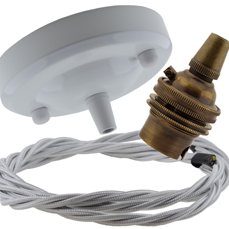 Ceiling Pendant Kit with Large Gloss White Rose and B22 Lampholder in Antique Brass Finish with Silver Grey Flex Ceiling Pendant Kit with Large Gloss White Rose and B22 Lampholder in Antique Brass Finish with Silver Grey Flex