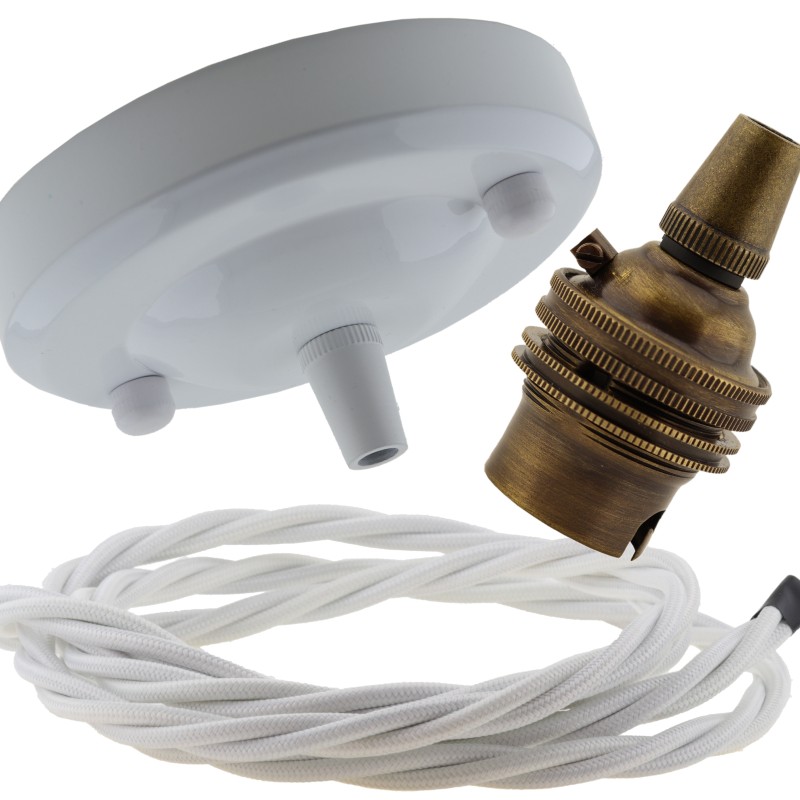 Ceiling Pendant Kit with Large Gloss White Rose and B22 Lampholder in Antique Brass Finish with White Flex Ceiling Pendant Kit with Large Gloss White Rose and B22 Lampholder in Antique Brass Finish with White Flex