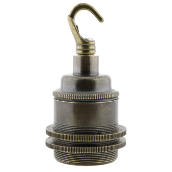 Traditional Edison Screw Lamp Holder (E27) with Shade Rings and Metal Deco Styled Hook in Antique Finish