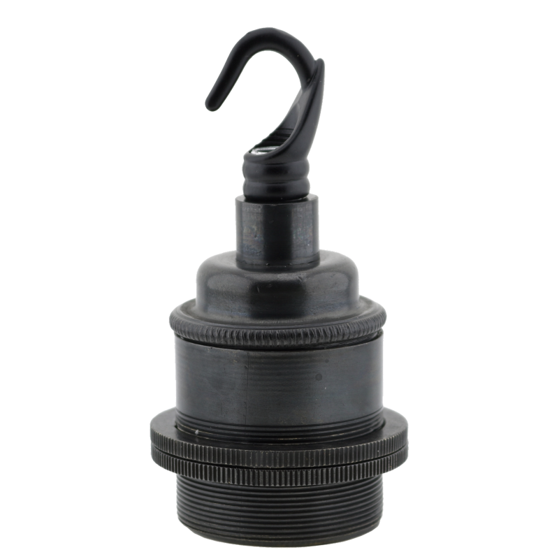 Traditional Edison Screw Lamp Holder (E27) with Shade Rings and Metal Deco Styled Hook in Bronze finish