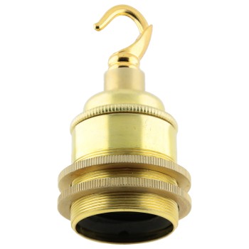 Traditional Edison Screw Lamp Holder (E27) with Shade Rings and Metal Deco Styled Hook in Raw Brass