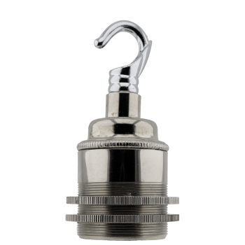 Traditional Edison Screw Lamp Holder (E27) with Shade Rings and Metal Deco Styled Hook in Chrome Finish